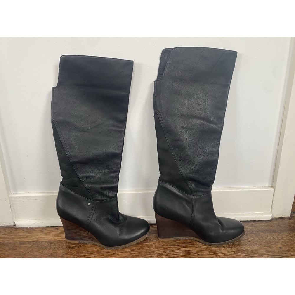 UGG Women's RAVENNA Leather Knee High Wedge Heel Boots Size 10 Black
